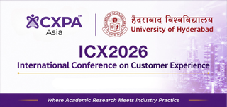Banner for ICX2026 International Conference on Customer Experience with CXPA Asia and University of Hyderabad logos, event title, date March 14, 2026, and location Hyderabad, India, with a cityscape background.