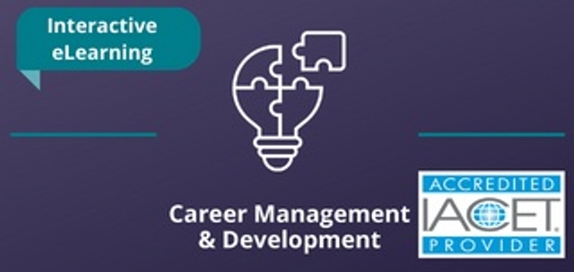 Two thin teal lines on both sides of the Career Management and Development icon against a purple background with the IACET logo in the lower right corner