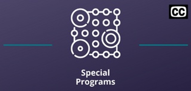 Two thin teal lines on both sides of the Special Programs icon against a purple background and closed captioning logo in the upper right.