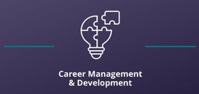 Two thin teal lines on both sides of the Career Management and Development icon against a purple background