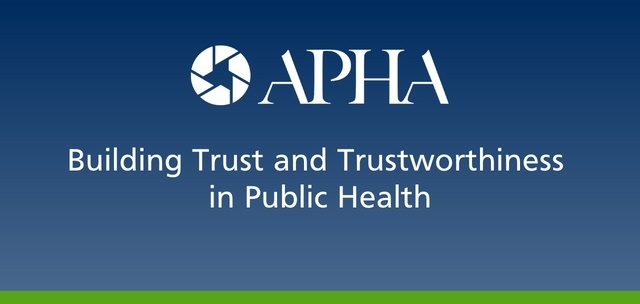 Blue background with green bar at bottom. Text: Building Trust and Trustworthiness in Public Health