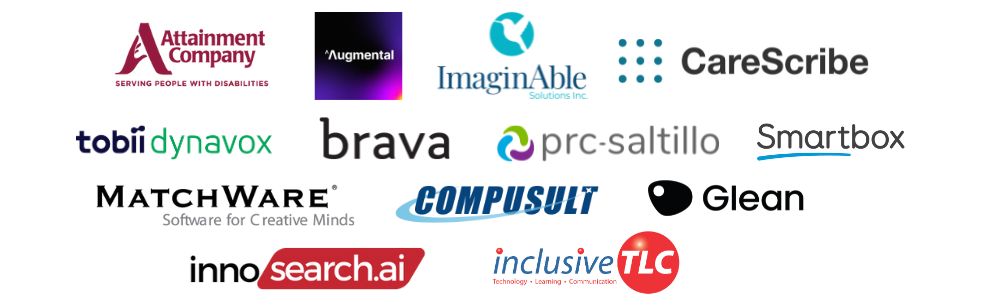 Demo Day Sponsor Logos: Attainment Company, Augmental, ImaginAble Solutions Inc., CareScribe, Tobii Dynavox, Brava, PRC-Saltillo, Smartbox, MatchWare, Compusult, Glean, innosearch.ai, inclusiveTLC.
