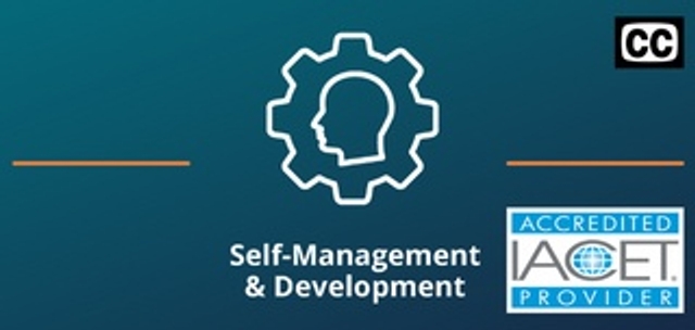 Two thin orange lines on both sides of the Self-Management and Development icon against a teal background with the IACET logo in the lower right corner and closed captioning logo in the upper right.
