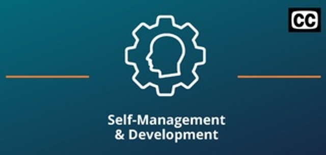 Two thin orange lines on both sides of the Self-Management and Development icon against a teal background with the closed captioning logo in the upper right.