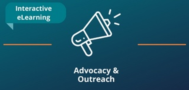 Two thin orange lines on both sides of the Advocacy and Outreach icon against a teal background