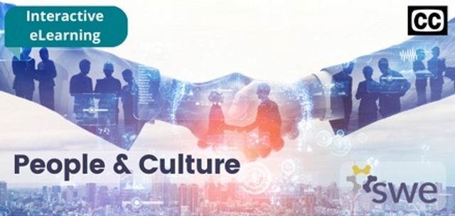 People & Culture course banner. Interactive eLearning and closed caption icon. Background decorative image of people shaking hands