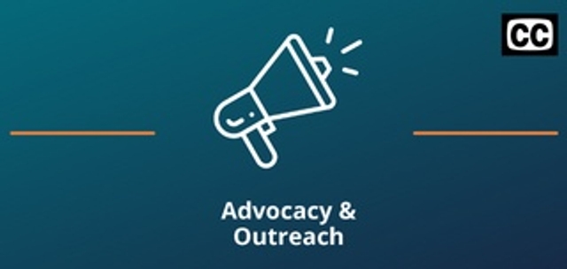 Two thin orange lines on both sides of the Advocacy and Outreach icon against a teal background and closed captioning logo in the upper right.