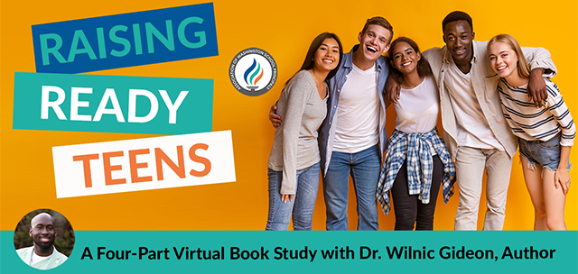 Diverse group of smiling teens posing together under text promoting a virtual book study on raising teens.