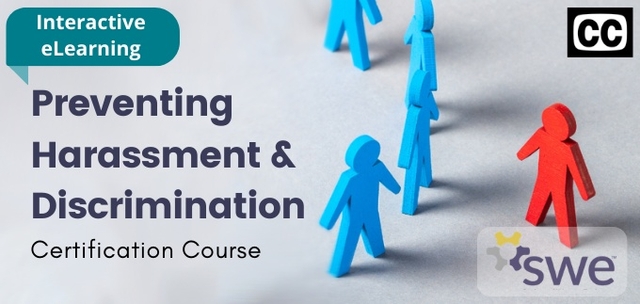 Preventing Harassment & Discrimination Certification Course with Interactive eLearning icon in the upper left corner, a closed caption icon in the upper right