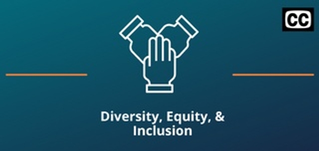 Two thin orange lines on both sides of the Diversity Equity and Inclusion icon against a teal background and closed captioning logo in the upper right.