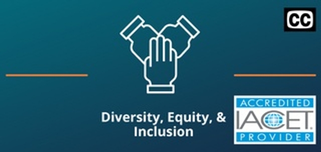Two thin orange lines on both sides of the Diversity Equity and Inclusion icon against a teal background with the IACET logo in the lower right corner