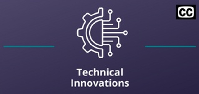 Two thin teal lines on both sides of the Technical Innovations icon against a purple background with the closed captioning logo in the upper right.