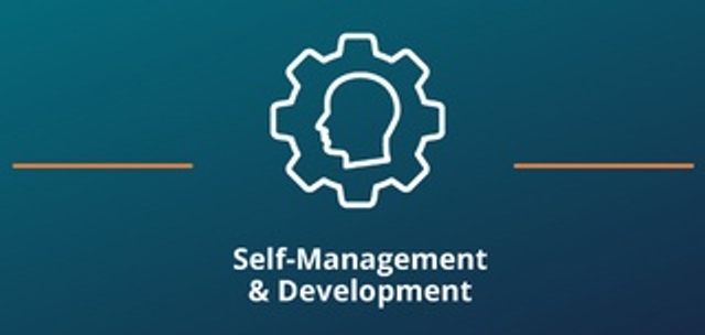 Two thin orange lines on both sides of the Self-Management and Development icon against a teal background