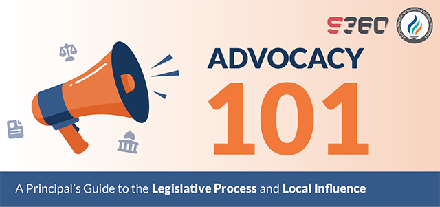 Advocacy 101 graphic with a megaphone and icons, promoting a guide to the legislative process and local influence for principals.