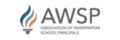 AWSP Logo with wordmark and a torch with three flames (blue, teal, and orange)