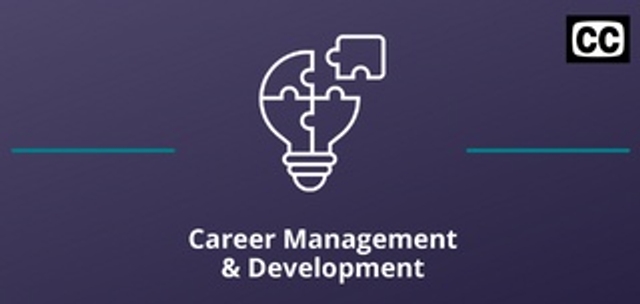 Two thin teal lines on both sides of the Career Management and Development icon against a purple background and captioning logo in the upper right.