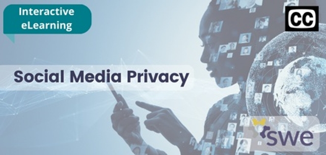 Social Media & Privacy. Interactive eLearning and Closed captioning logo. Background image is a person looking and touching their phone with decorative screens swirling around
