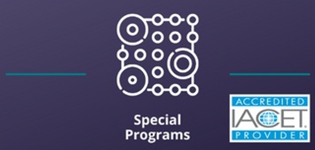Two thin teal lines on both sides of the Special Programs icon against a purple background with the IACET logo in the lower right corner